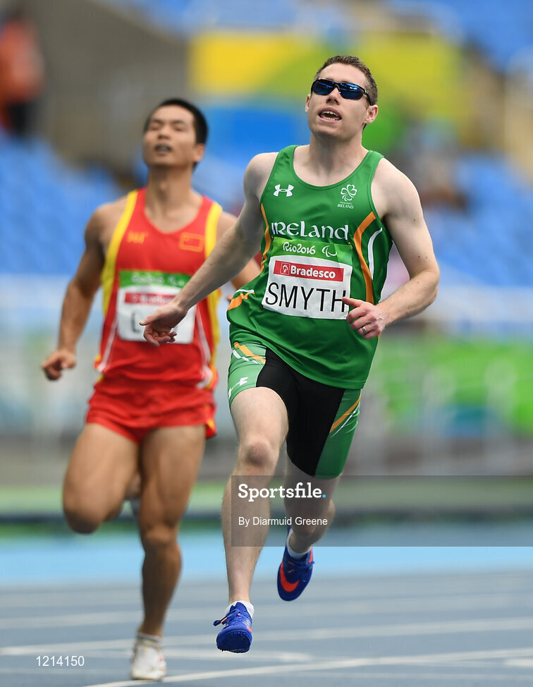 9 September 2016; Jason Smyth of Ireland on his way to winning the Men's 100m - T13 Final, with a time of 10.64, at the Rio Olympic Stadium during the Rio 2016 Paralympic Games in Rio de Janeiro, Brazil. Photo by Diarmuid Greene/Sportsfile