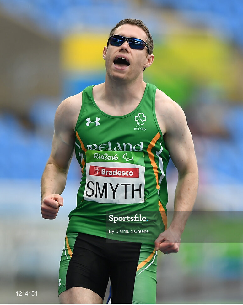 9 September 2016; Jason Smyth of Ireland celebrates after winning the Men's 100m - T13 Final, with a time of 10.64, at the Rio Olympic Stadium during the Rio 2016 Paralympic Games in Rio de Janeiro, Brazil. Photo by Diarmuid Greene/Sportsfile
