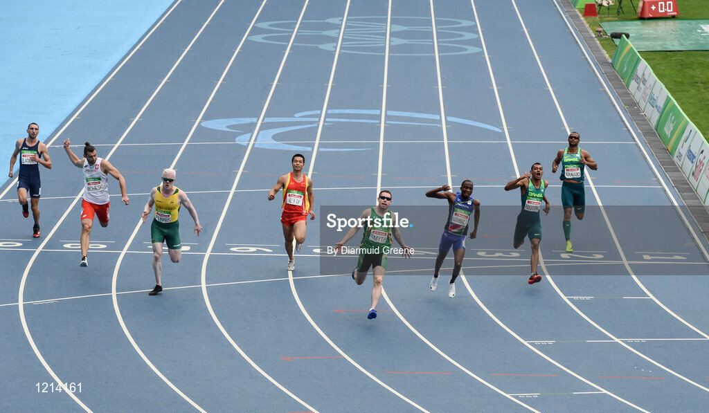 9 September 2016; Jason Smyth of Ireland celebrates after winning the Men's 100m - T13 Final, with a time of 10.64, at the Rio Olympic Stadium during the Rio 2016 Paralympic Games in Rio de Janeiro, Brazil. Photo by Diarmuid Greene/Sportsfile