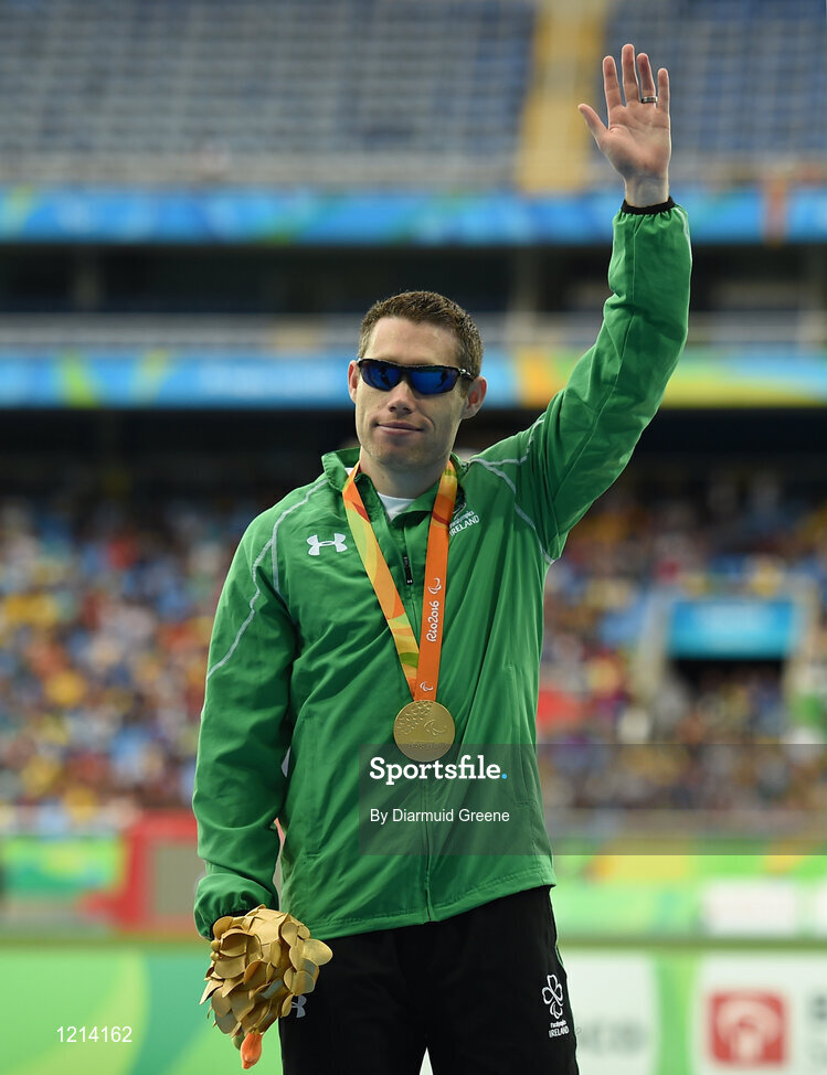 9 September 2016; Jason Smyth of Ireland with his gold medal after winning the Men's 100m T13 Final with a time of 10.64 at the Rio Olympic Stadium during the Rio 2016 Paralympic Games in Rio de Janeiro, Brazil. Photo by Diarmuid Greene/Sportsfile