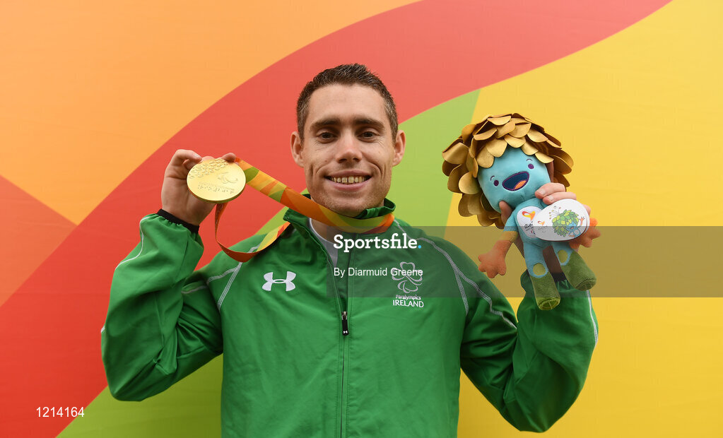 9 September 2016; Jason Smyth of Ireland with his gold medal after winning the Men's 100m T13 Final with a time of 10.64 at the Rio Olympic Stadium during the Rio 2016 Paralympic Games in Rio de Janeiro, Brazil. Photo by Diarmuid Greene/Sportsfile