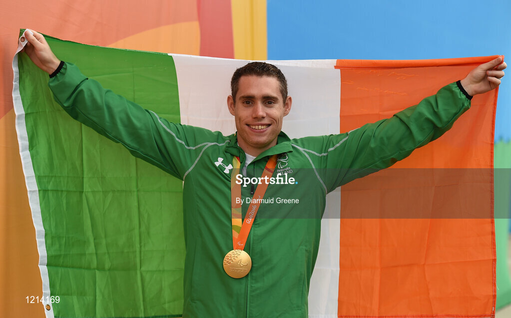 9 September 2016; Jason Smyth of Ireland with his gold medal after winning the Men's 100m T13 Final with a time of 10.64 at the Rio Olympic Stadium during the Rio 2016 Paralympic Games in Rio de Janeiro, Brazil. Photo by Diarmuid Greene/Sportsfile
