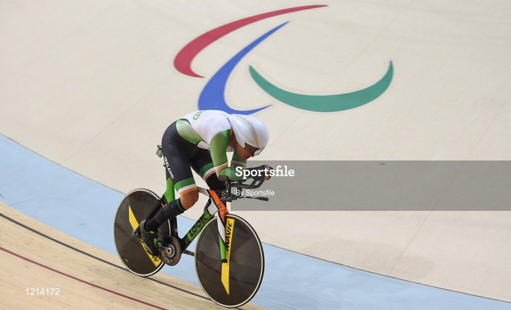 9 September 2016; Colin Lynch of Ireland in action during the Men's C2 3000m Individual Pursuit qualifier at the Rio Olympic Velodrome during the Rio 2016 Paralympic Games in Rio de Janeiro, Brazil. Photo by Sportsfile