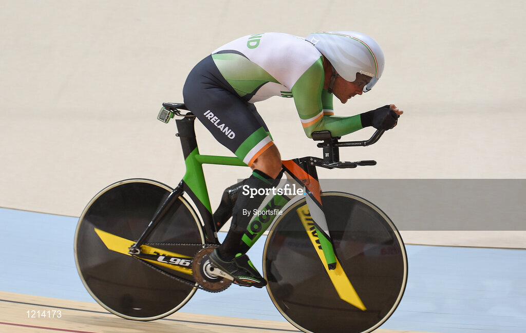 9 September 2016; Colin Lynch of Ireland in action during the Men's C2 3000m Individual Pursuit qualifier at the Rio Olympic Velodrome during the Rio 2016 Paralympic Games in Rio de Janeiro, Brazil. Photo by Sportsfile