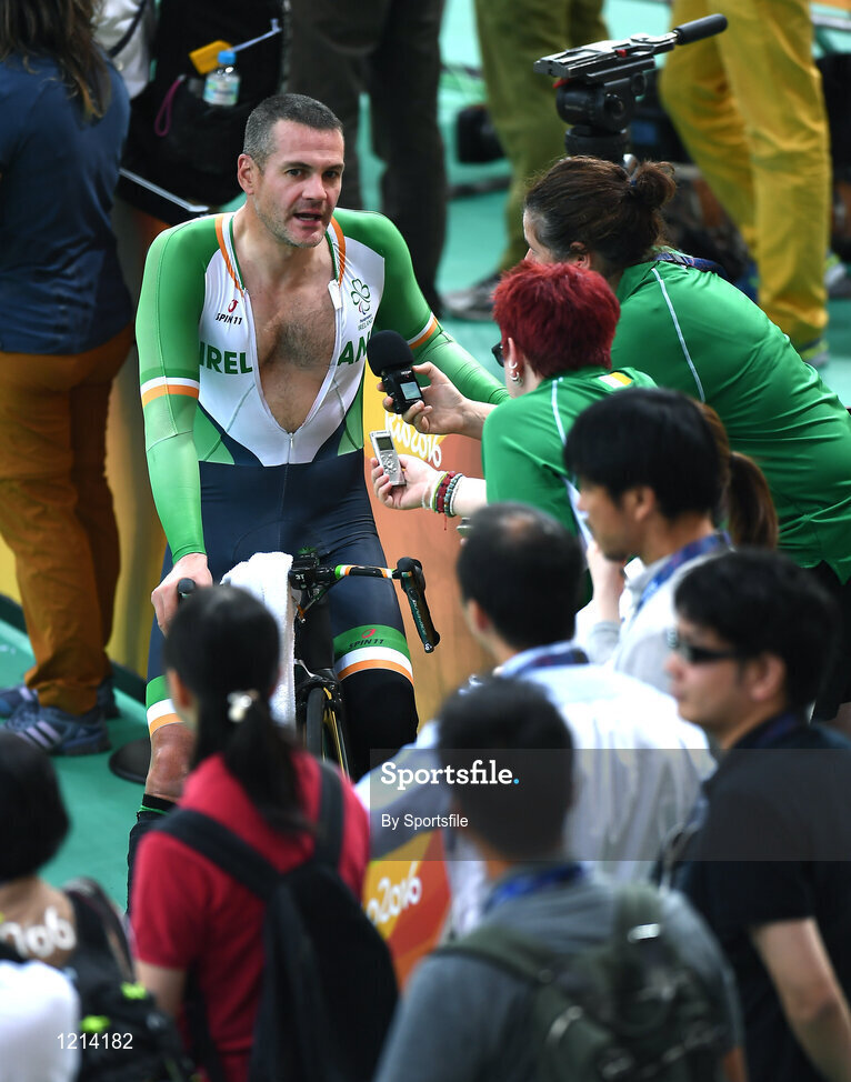 9 September 2016; Colin Lynch of Ireland speaking to members of the media following the Men's C2 3000m Individual Pursuit qualifier at the Rio Olympic Velodrome during the Rio 2016 Paralympic Games in Rio de Janeiro, Brazil. Photo by Sportsfile