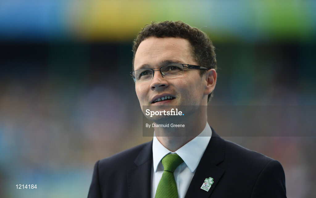 9 September 2016; Patrick O'Donovan TD, Minister of State for Tourism and Sport, during the medal presentation to Jason Smyth of Ireland after he won the Men's 100m T13 Final at the Rio Olympic Stadium during the Rio 2016 Paralympic Games in Rio de Janeiro, Brazil. Photo by Diarmuid Greene/Sportsfile