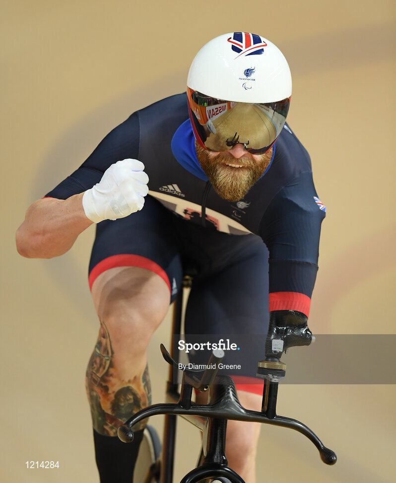 9 September 2016; Jon-Allan Butterworth of Great Britain celebrates after breaking a Paralympic Record in the Men's C4-5 1000m Time Trial Final at the Rio Olympic Velodrome during the Rio 2016 Paralympic Games in Rio de Janeiro, Brazil. Photo by Diarmuid Greene/Sportsfile