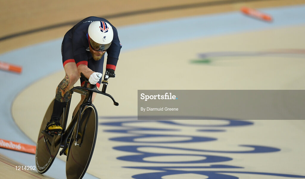 9 September 2016; Jon-Allan Butterworth of Great Britain on his way to breaking a Paralympic Record in the Men's C4-5 1000m Time Trial Final at the Rio Olympic Velodrome during the Rio 2016 Paralympic Games in Rio de Janeiro, Brazil. Photo by Diarmuid Greene/Sportsfile