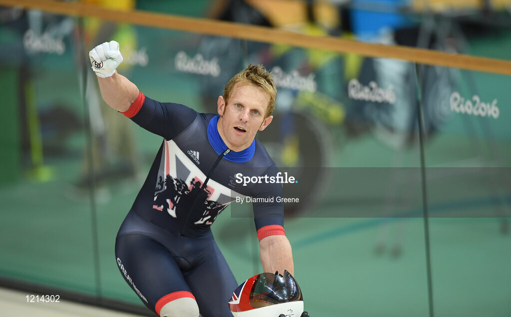 9 September 2016; Jody Cundy of Great Britain celebrates after winning the Men's C4-5 1000m Time Trial Final at the Rio Olympic Velodrome during the Rio 2016 Paralympic Games in Rio de Janeiro, Brazil. Photo by Diarmuid Greene/Sportsfile
