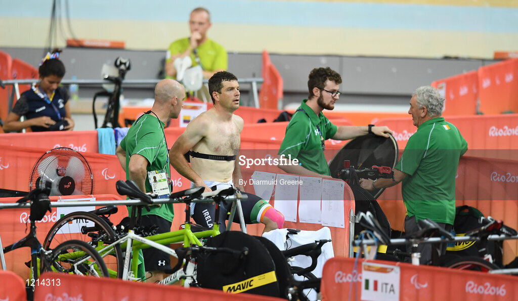 9 September 2016; Eoghan Clifford of Ireland warms up before the Men's C3 3000m Individual Pursuit Final at the Rio Olympic Velodrome during the Rio 2016 Paralympic Games in Rio de Janeiro, Brazil. Photo by Diarmuid Greene/Sportsfile