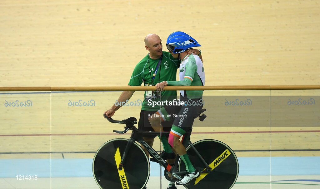 9 September 2016; Eoghan Clifford of Ireland is congratulaed by head coach Neill Delahaye after winning bronze in the Men's C3 3000m Individual Pursuit Final at the Rio Olympic Velodrome during the Rio 2016 Paralympic Games in Rio de Janeiro, Brazil. Photo by Diarmuid Greene/Sportsfile