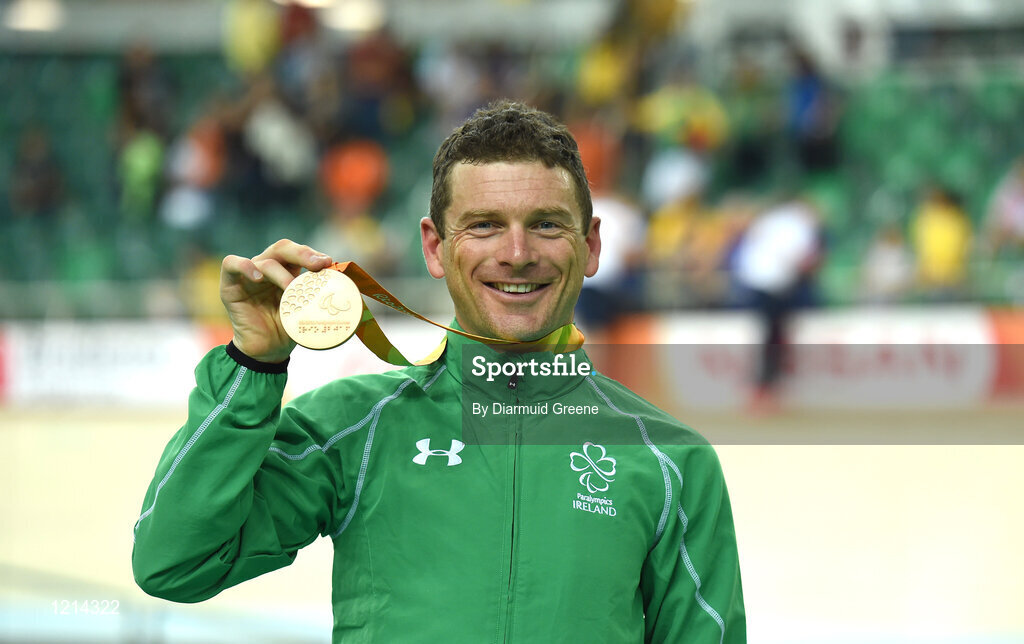 9 September 2016; Eoghan Clifford of Ireland with his bronze medal after finishing third in the Men's C3 3000m Individual Pursuit Final at the Rio Olympic Velodrome during the Rio 2016 Paralympic Games in Rio de Janeiro, Brazil. Photo by Diarmuid Greene/Sportsfile