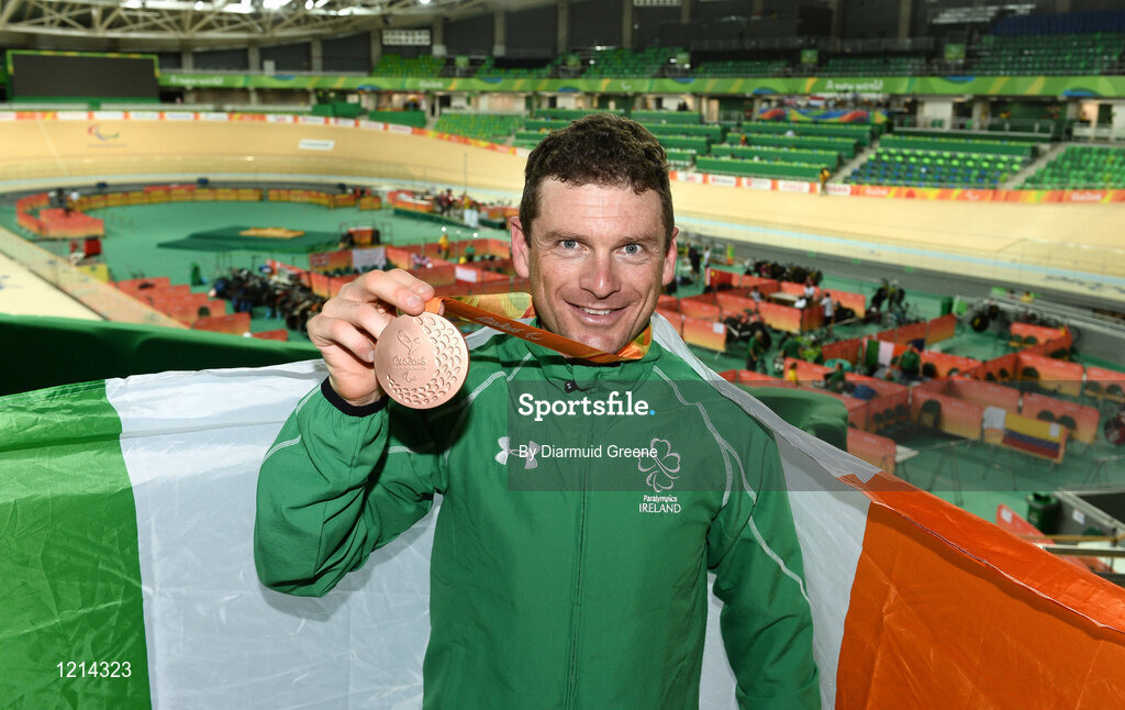 9 September 2016; Eoghan Clifford of Ireland with his bronze medal after finishing third in the Men's C3 3000m Individual Pursuit Final at the Rio Olympic Velodrome during the Rio 2016 Paralympic Games in Rio de Janeiro, Brazil. Photo by Diarmuid Greene/Sportsfile