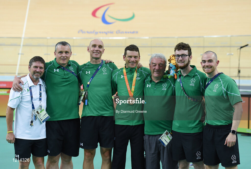 9 September 2016; Bronze medallist Eoghan Clifford of Ireland after the Men's C3 3000m Individual Pursuit Final with members of his team, from left to right, Ireland Chef de Mission Denis Toomey, Cycling Team Manager Tommy McGowan, head coach Neill Delahaye, mechanic Gerry Beggs, mechanic Eóin Murphy, and physiotherapist Johnny Loughrey, at the Rio Olympic Velodrome during the Rio 2016 Paralympic Games in Rio de Janeiro, Brazil. Photo by Diarmuid Greene/Sportsfile