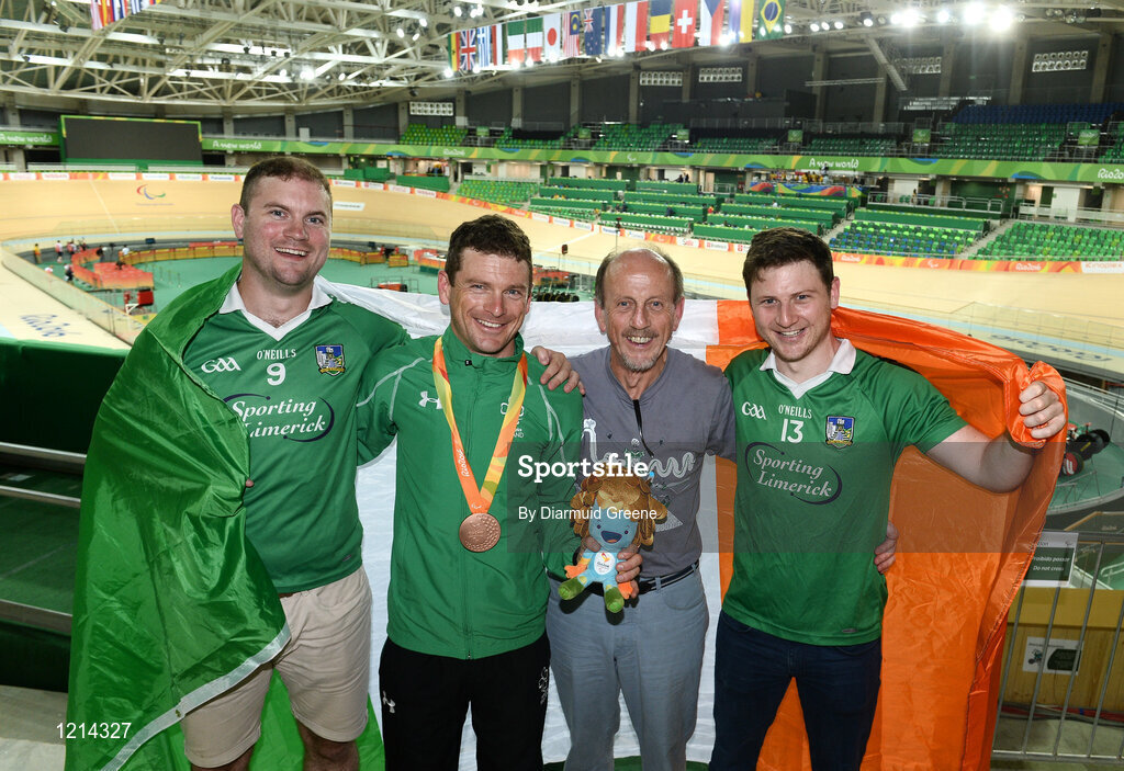 9 September 2016; Bronze medallist Eoghan Clifford of Ireland after the Men's C3 3000m Individual Pursuit Final with his brother William, left, father Michael and brother Fergus, right, all from Bruff, Co. Limerick, at the Rio Olympic Velodrome during the Rio 2016 Paralympic Games in Rio de Janeiro, Brazil. Photo by Diarmuid Greene/Sportsfile