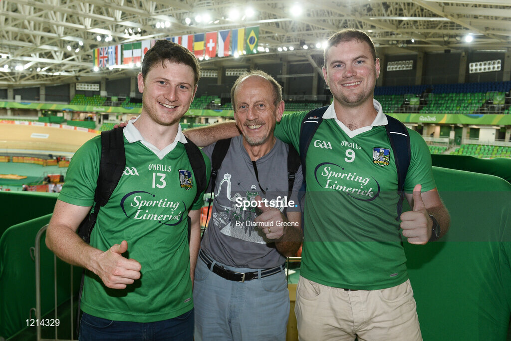 9 September 2016; Family members of bronze medallist Eoghan Clifford of Ireland after the Men's C3 3000m Individual Pursuit Final, from left to right, Eoghan's brother Fergus, left, father Michael, centre, and brother William, right, all from Bruff, Co. Limerick, at the Rio Olympic Velodrome during the Rio 2016 Paralympic Games in Rio de Janeiro, Brazil. Photo by Diarmuid Greene/Sportsfile