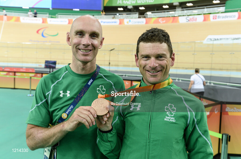 9 September 2016; Bronze medallist Eoghan Clifford of Ireland with cycling head coach Neill Delahaye after the Men's C3 3000m Individual Pursuit Final at the Rio Olympic Velodrome during the Rio 2016 Paralympic Games in Rio de Janeiro, Brazil. Photo by Diarmuid Greene/Sportsfile