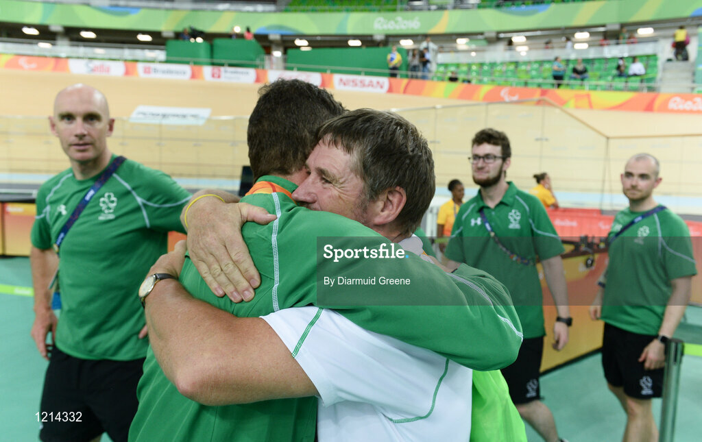9 September 2016; Bronze medallist Eoghan Clifford of Ireland is congratulated by Chef de Mission Denis Toomey after the Men's C3 3000m Individual Pursuit Final at the Rio Olympic Velodrome during the Rio 2016 Paralympic Games in Rio de Janeiro, Brazil. Photo by Diarmuid Greene/Sportsfile