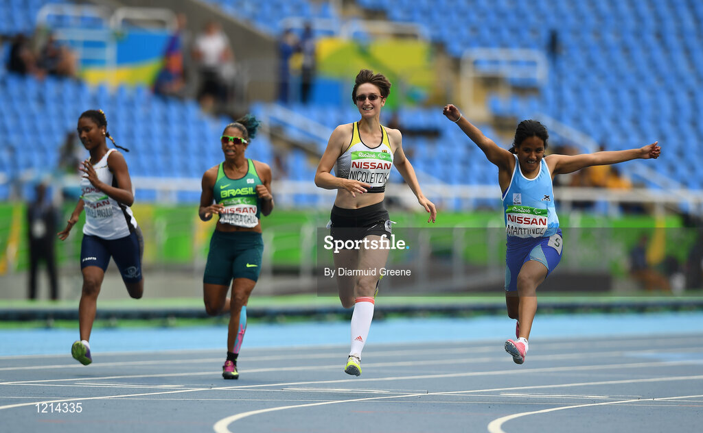 9 September 2016; Yanina Andrea Martinez of Argentina, right, wins the Women's 100m T36 Final from second place Claudia Nicoleitzik of Germany at the Rio Olympic Stadium during the Rio 2016 Paralympic Games in Rio de Janeiro, Brazil. Photo by Diarmuid Greene/Sportsfile