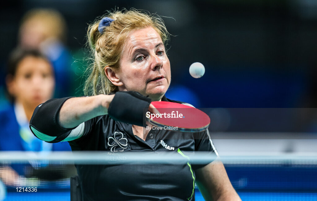 9 September 2016; Rena McCarron-Rooney of Ireland in action against Maha Bargouthi of Jordan during their Women's Singles Table Tennis Class 1-2 Group B Qualifier at the Riocentro during the Rio 2016 Paralympic Games in Rio de Janeiro, Brazil. Photo by Drew Chislett/Sportsfile