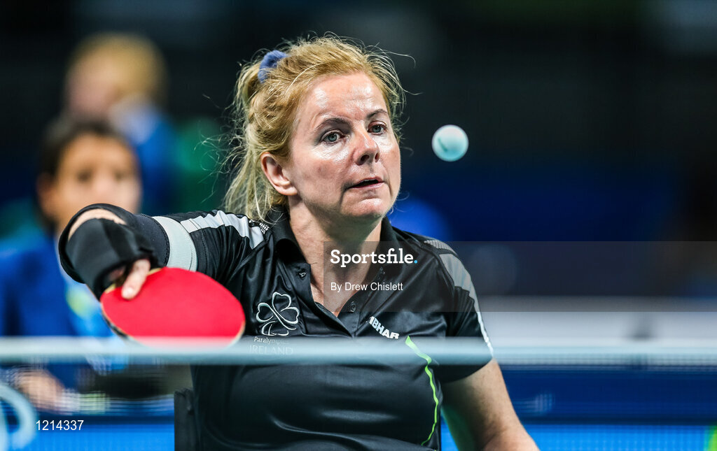 9 September 2016; Rena McCarron-Rooney of Ireland in action against Maha Bargouthi of Jordan during their Women's Singles Table Tennis Class 1-2 Group B Qualifier at the Riocentro during the Rio 2016 Paralympic Games in Rio de Janeiro, Brazil. Photo by Drew Chislett/Sportsfile