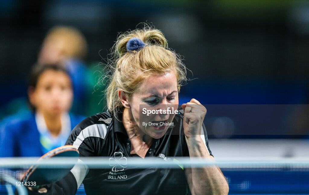 9 September 2016; Rena McCarron-Rooney of Ireland celebrates a point against Maha Bargouthi of Jordan during their Women's Singles Table Tennis Class 1-2 Group B Qualifier at the Riocentro during the Rio 2016 Paralympic Games in Rio de Janeiro, Brazil. Photo by Drew Chislett/Sportsfile