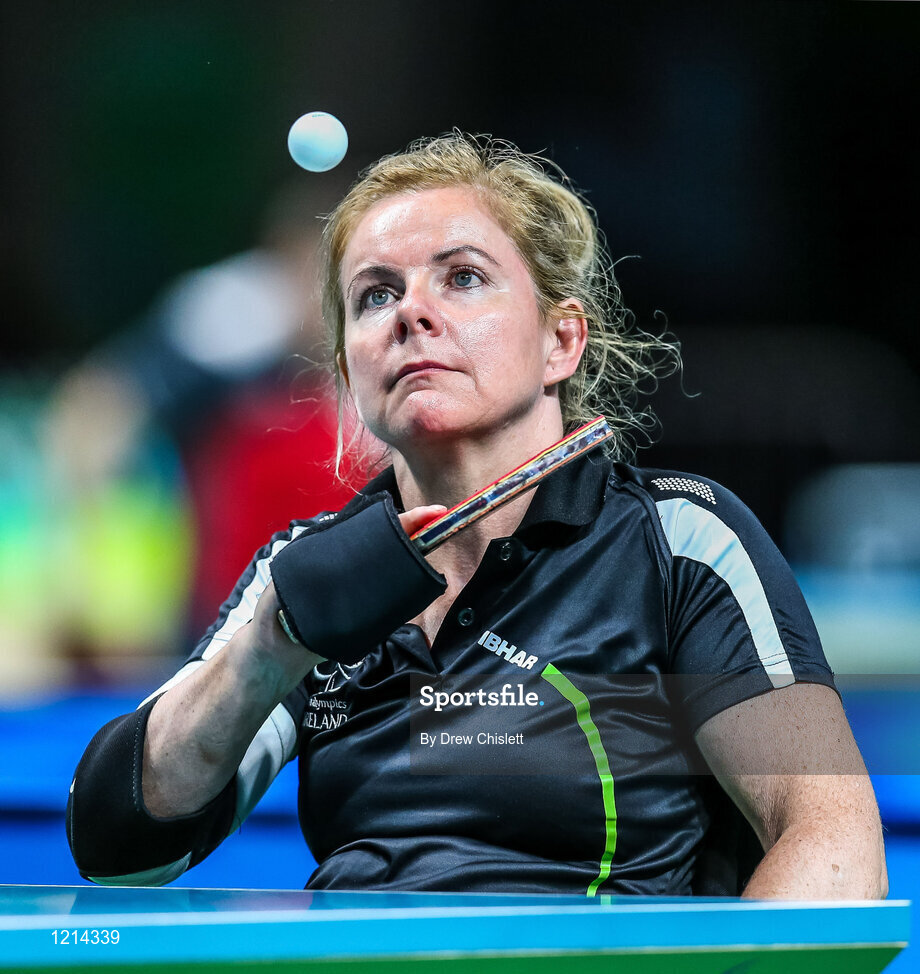 9 September 2016; Rena McCarron-Rooney of Ireland in action against Maha Bargouthi of Jordan during their Women's Singles Table Tennis Class 1-2 Group B Qualifier at the Riocentro during the Rio 2016 Paralympic Games in Rio de Janeiro, Brazil. Photo by Drew Chislett/Sportsfile