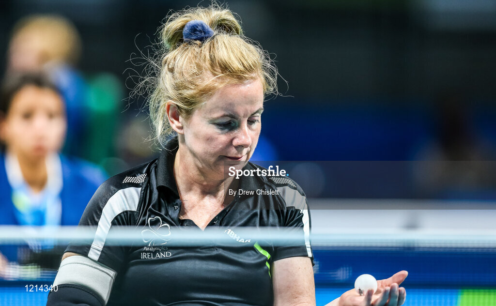 9 September 2016; Rena McCarron-Rooney of Ireland in action against Maha Bargouthi of Jordan during their Women's Singles Table Tennis Class 1-2 Group B Qualifier at the Riocentro during the Rio 2016 Paralympic Games in Rio de Janeiro, Brazil. Photo by Drew Chislett/Sportsfile