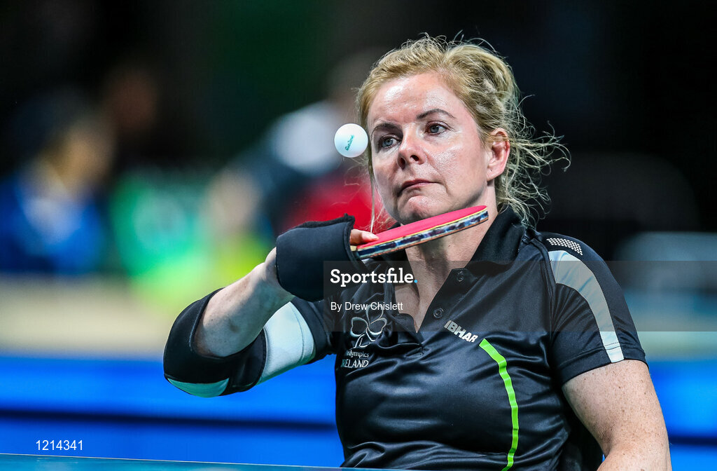 9 September 2016; Rena McCarron-Rooney of Ireland in action against Maha Bargouthi of Jordan during their Women's Singles Table Tennis Class 1-2 Group B Qualifier at the Riocentro during the Rio 2016 Paralympic Games in Rio de Janeiro, Brazil. Photo by Drew Chislett/Sportsfile