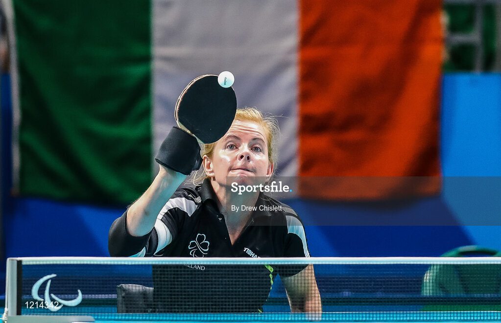 9 September 2016; Rena McCarron-Rooney of Ireland in action against Maha Bargouthi of Jordan during their Women's Singles Table Tennis Class 1-2 Group B Qualifier at the Riocentro during the Rio 2016 Paralympic Games in Rio de Janeiro, Brazil. Photo by Drew Chislett/Sportsfile