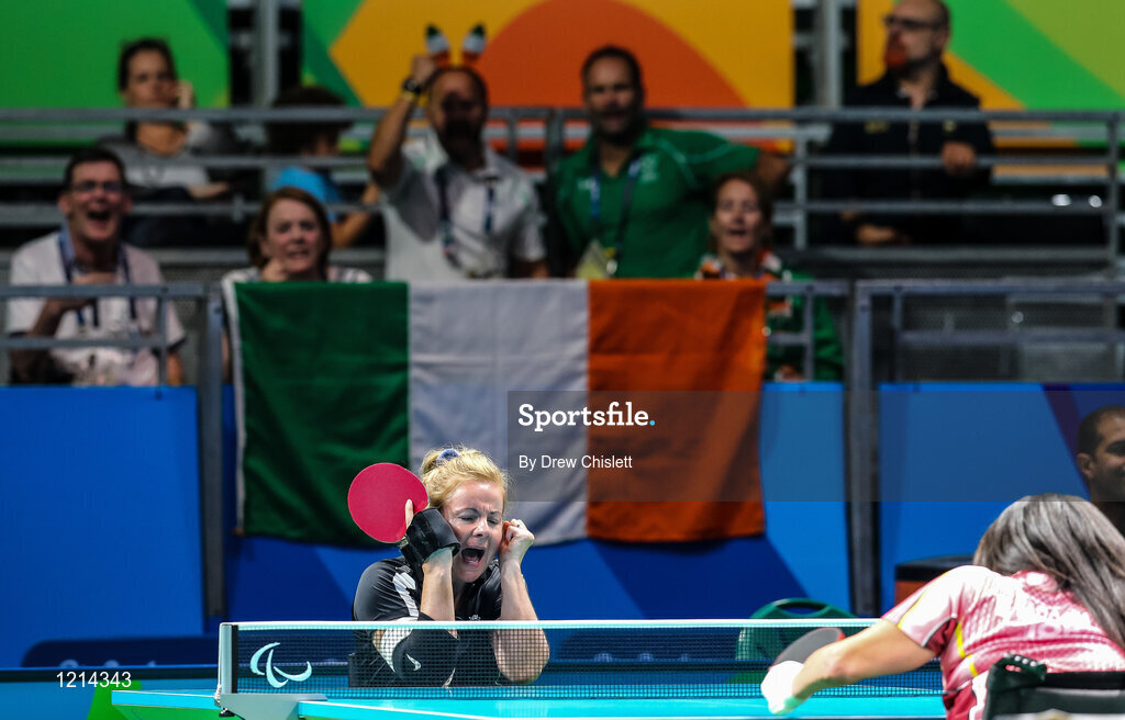 9 September 2016; Rena McCarron-Rooney of Ireland celebrates a point against Maha Bargouthi of Jordan during their Women's Singles Table Tennis Class 1-2 Group B Qualifier at the Riocentro during the Rio 2016 Paralympic Games in Rio de Janeiro, Brazil. Photo by Drew Chislett/Sportsfile