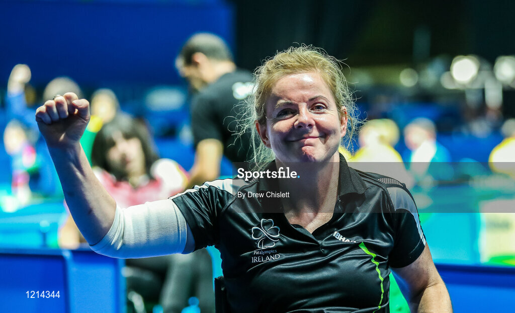 9 September 2016; Rena McCarron-Rooney of Ireland celebrates after beating Maha Bargouthi of Jordan during their Women's Singles Table Tennis Class 1-2 Group B Qualifier at the Riocentro during the Rio 2016 Paralympic Games in Rio de Janeiro, Brazil. Photo by Drew Chislett/Sportsfile