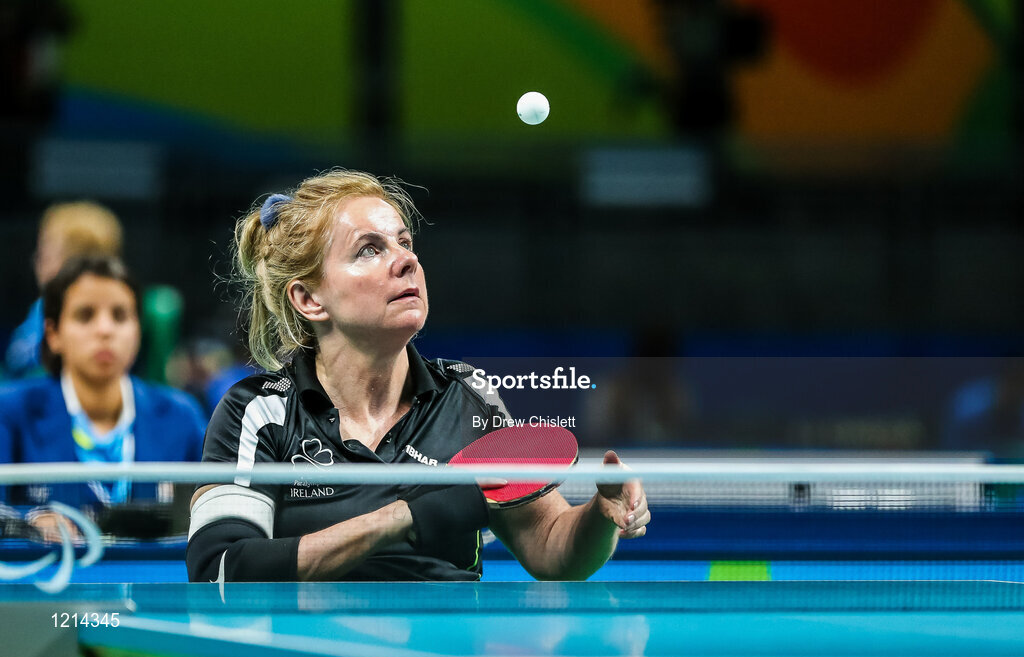 9 September 2016; Rena McCarron-Rooney of Ireland in action against Maha Bargouthi of Jordan during their Women's Singles Table Tennis Class 1-2 Group B Qualifier at the Riocentro during the Rio 2016 Paralympic Games in Rio de Janeiro, Brazil. Photo by Drew Chislett/Sportsfile