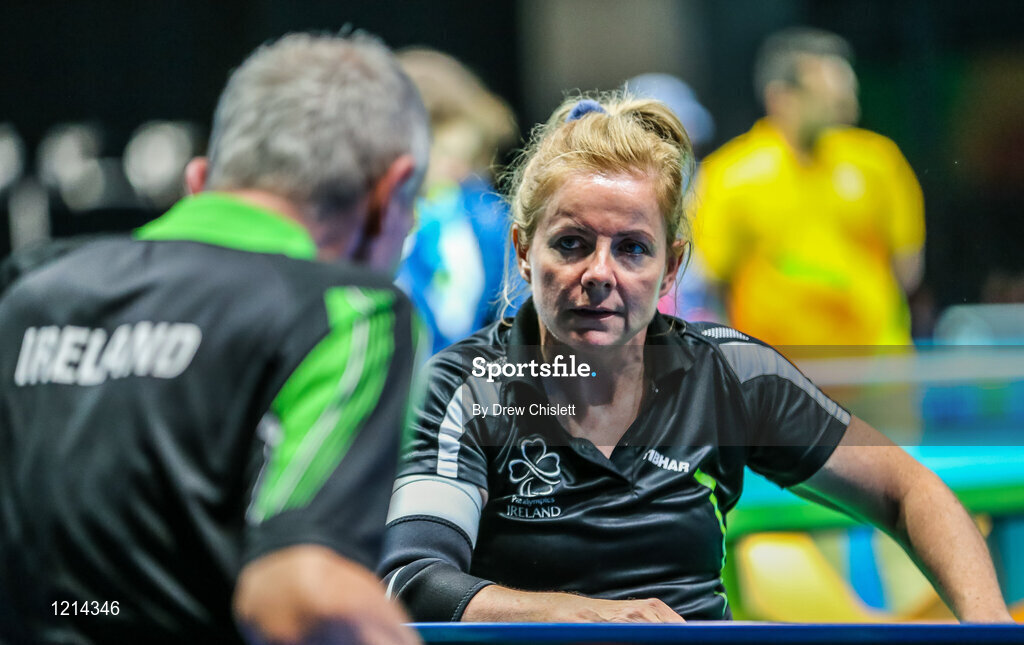 9 September 2016; Rena McCarron-Rooney of Ireland speaks to a coach during the Women's Singles Table Tennis Class 1-2 Group B Qualifier matach against Maha Bargouthi of Jordan at the Riocentro during the Rio 2016 Paralympic Games in Rio de Janeiro, Brazil. Photo by Drew Chislett/Sportsfile