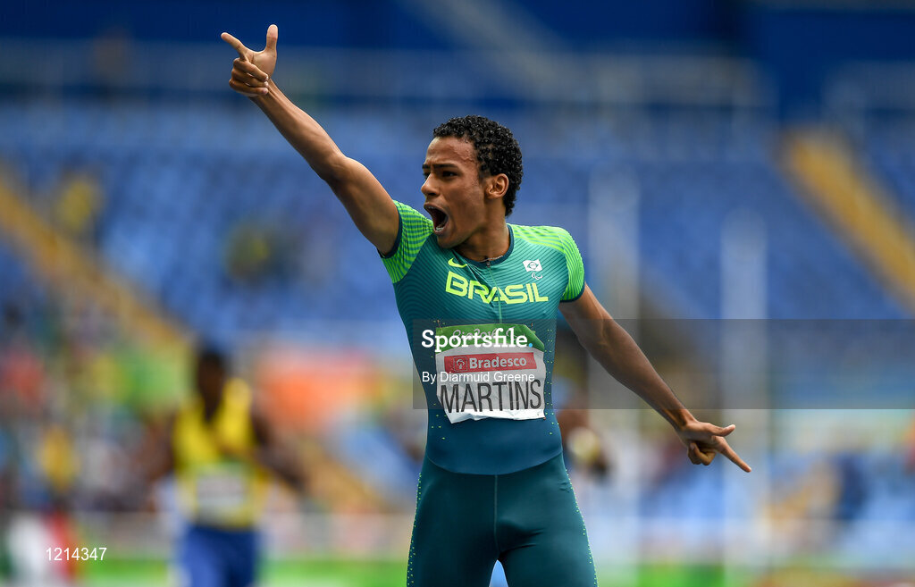 9 September 2016; Daniel Martins of Brazil celebrates after winning the Men's 400m T20 Final at the Rio Olympic Stadium during the Rio 2016 Paralympic Games in Rio de Janeiro, Brazil. Photo by Diarmuid Greene/Sportsfile
