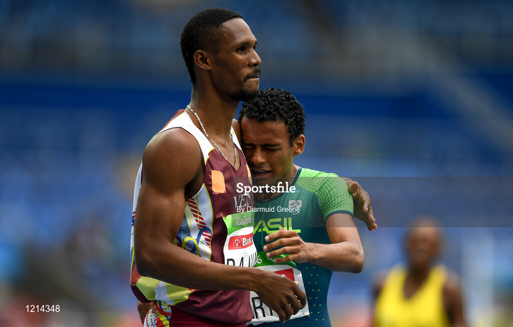 9 September 2016; First place Daniel Martins of Brazil with second place Luis Arturo Paiva after the Men's 400m T20 Final at the Rio Olympic Stadium during the Rio 2016 Paralympic Games in Rio de Janeiro, Brazil. Photo by Diarmuid Greene/Sportsfile