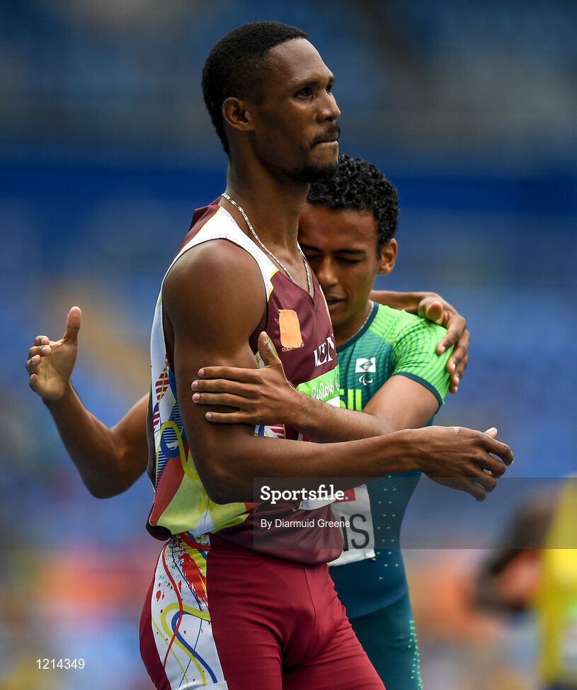 9 September 2016; First place Daniel Martins of Brazil with second place Luis Arturo Paiva after the Men's 400m T20 Final at the Rio Olympic Stadium during the Rio 2016 Paralympic Games in Rio de Janeiro, Brazil. Photo by Diarmuid Greene/Sportsfile
