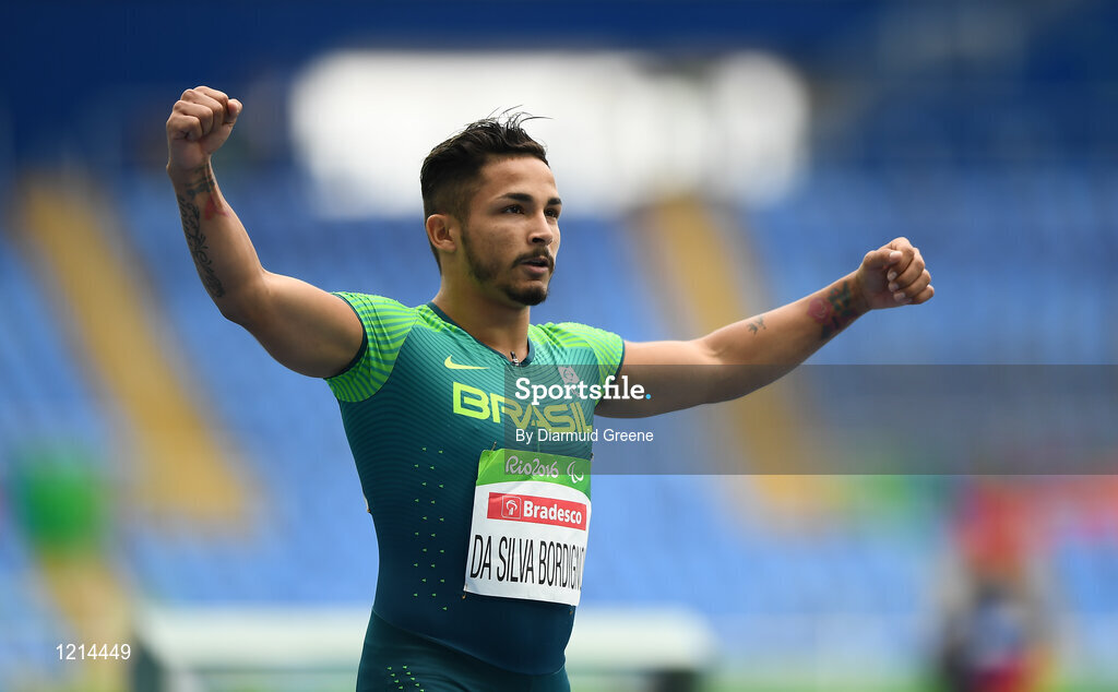 9 September 2016; Fabio da Silva Bordignon of Brazil celebrates after winning the Men's 100m T35 Heat 1 at the Olympic Stadium during the Rio 2016 Paralympic Games in Rio de Janeiro, Brazil. Photo by Diarmuid Greene/Sportsfile
