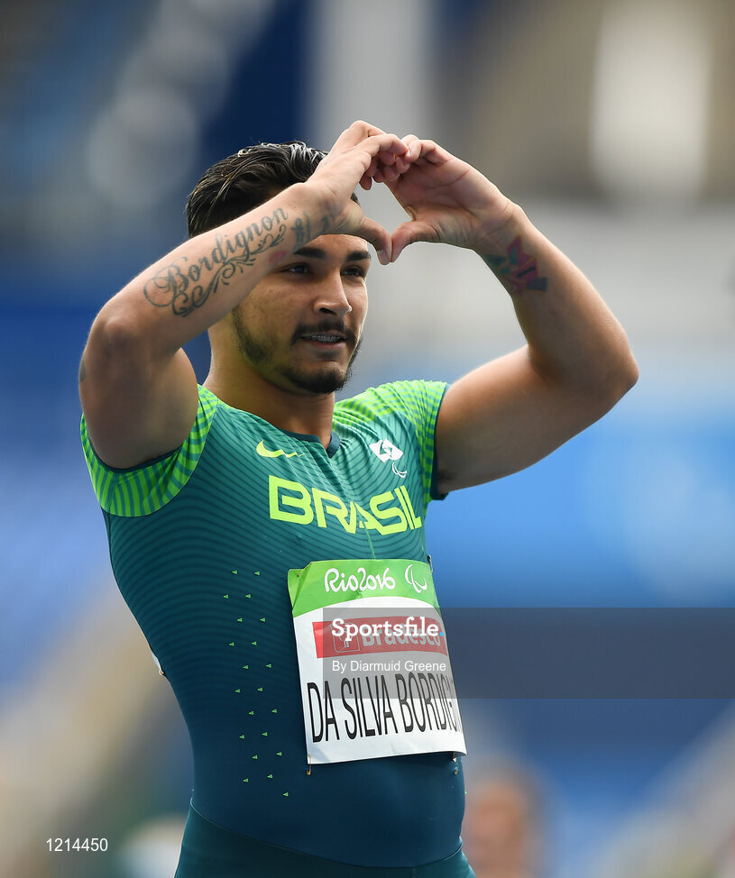 9 September 2016; Fabio da Silva Bordignon of Brazil celebrates after winning the Men's 100m T35 Heat 1 at the Olympic Stadium during the Rio 2016 Paralympic Games in Rio de Janeiro, Brazil. Photo by Diarmuid Greene/Sportsfile