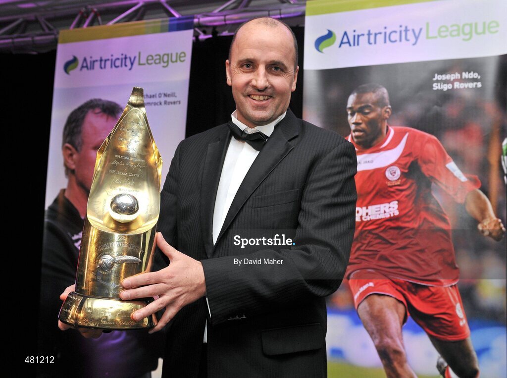 14 January 2010; Sligo Rovers manager Paul Cook with his Airtricity SWAI Personailty of the Year Award for 2010. The Airtricity SWAI Awards 2010, The Conrad Hotel, Dublin. Picture credit: David Maher / SPORTSFILE