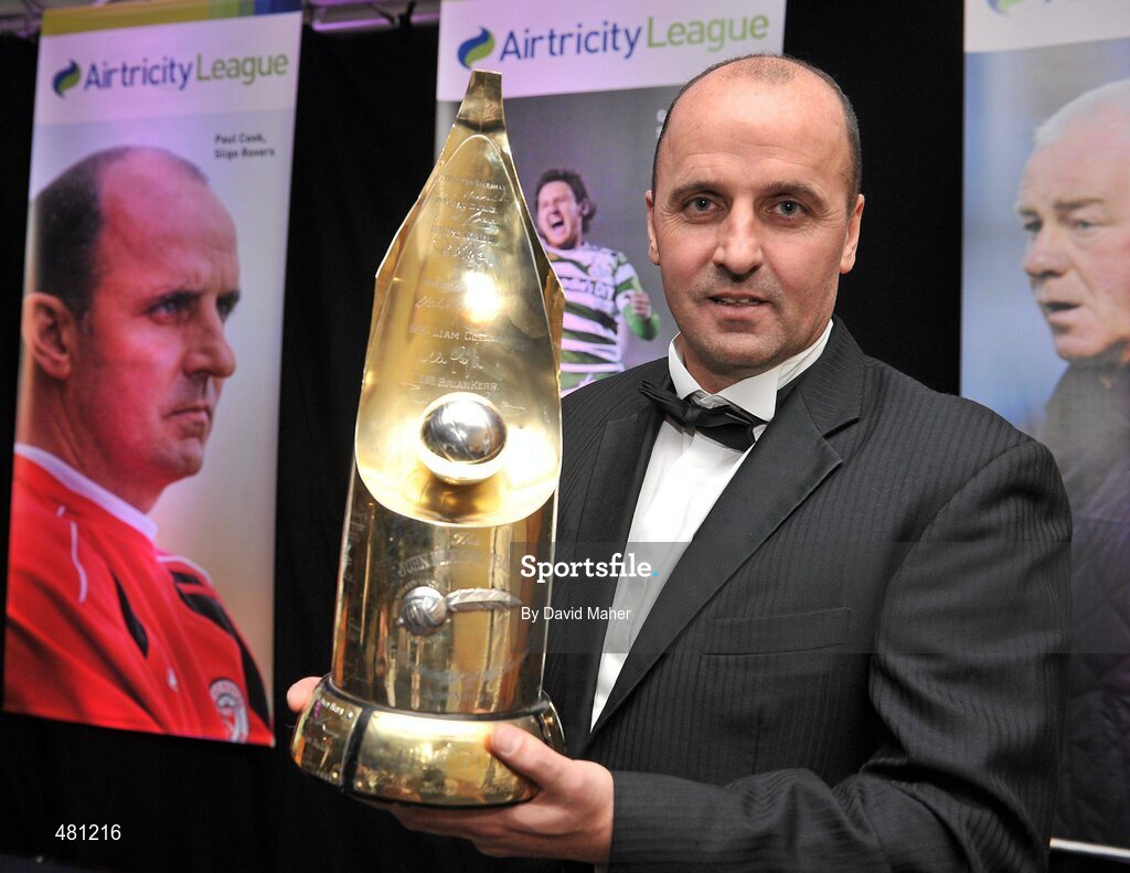 14 January 2010; Sligo Rovers manager Paul Cook with his Airtricity SWAI Personailty of the Year Award for 2010. The Airtricity SWAI Awards 2010, The Conrad Hotel, Dublin. Picture credit: David Maher / SPORTSFILE