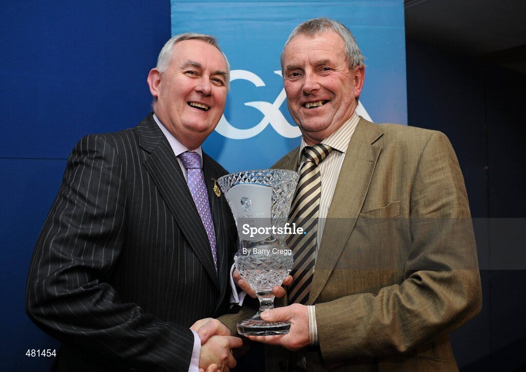 15 January 2011; Retiring Referee Co-ordinator Pierce Freaney receives his award for his long term services by Uachtarán CLG Criostóir Ó Cuana. 2010 National Referees' Awards Banquet, Croke Park, Dublin. Picture credit: Barry Cregg / SPORTSFILE