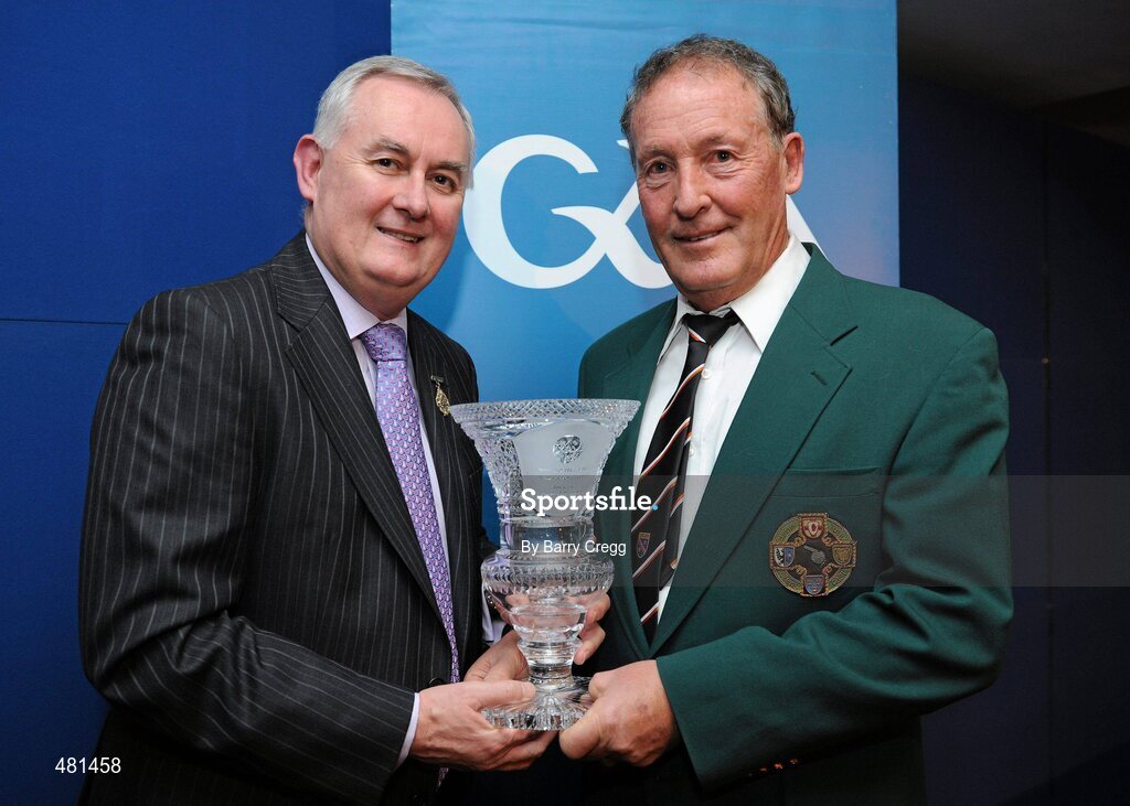 15 January 2011; Referee Hugh Duggan, from Co. Armagh, who refereed the 1979 All-Ireland Football Final, is presented with his referee's 'Hall of Fame' award by Uachtarán CLG Criostóir Ó Cuana. 2010 National Referees' Awards Banquet, Croke Park, Dublin. Picture credit: Barry Cregg / SPORTSFILE