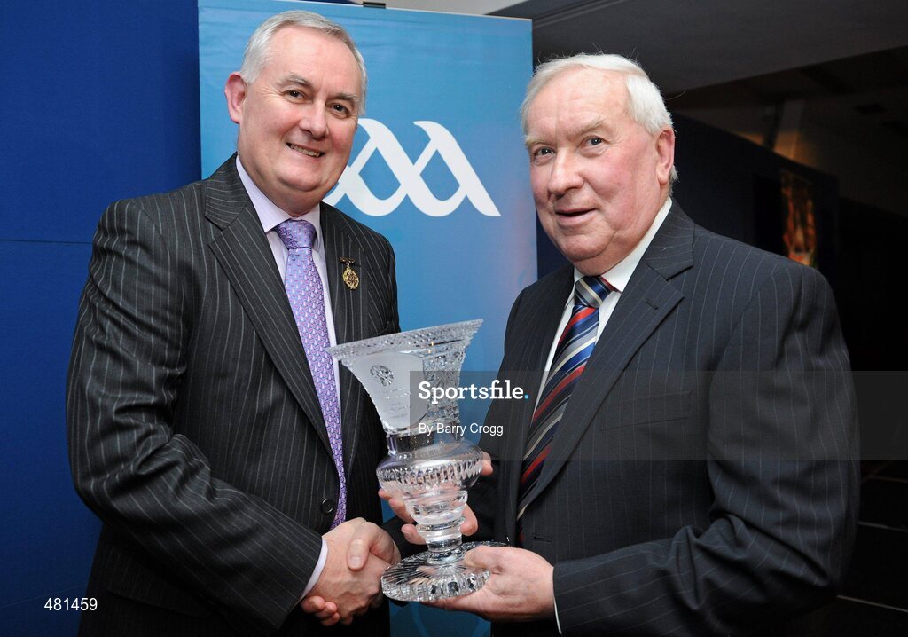 15 January 2011; Referee Seán O'Connor, from Co. Limerick, who refereed the 1975 All-Ireland Hurling Final, is presented with his referee's 'Hall of Fame' award by Uachtarán CLG Criostóir Ó Cuana. 2010 National Referees' Awards Banquet, Croke Park, Dublin. Picture credit: Barry Cregg / SPORTSFILE