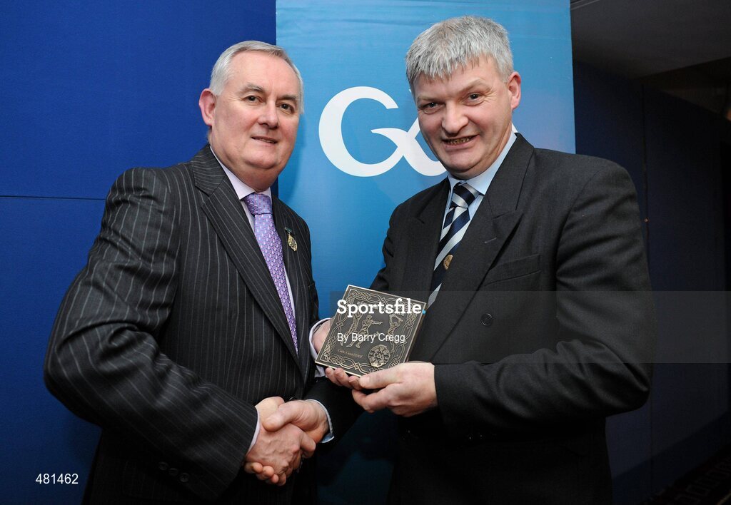 15 January 2011; Retiring referee Eddie Craul, from Co. Wicklow, is presented with his referee's award by Uachtarán CLG Criostóir Ó Cuana. 2010 National Referees' Awards Banquet, Croke Park, Dublin. Picture credit: Barry Cregg / SPORTSFILE