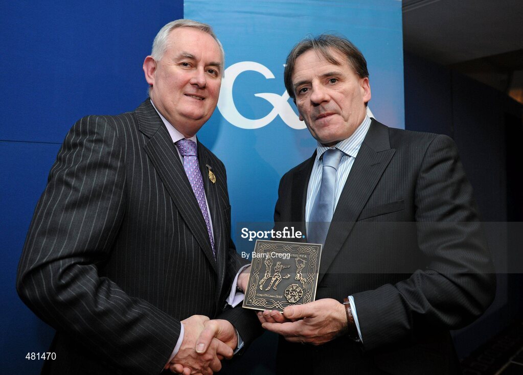 15 January 2011; Retiring referee Gerry McCarron, from Co. Monagahan, is presented with his referee's award by Uachtarán CLG Criostóir Ó Cuana. 2010 National Referees' Awards Banquet, Croke Park, Dublin. Picture credit: Barry Cregg / SPORTSFILE