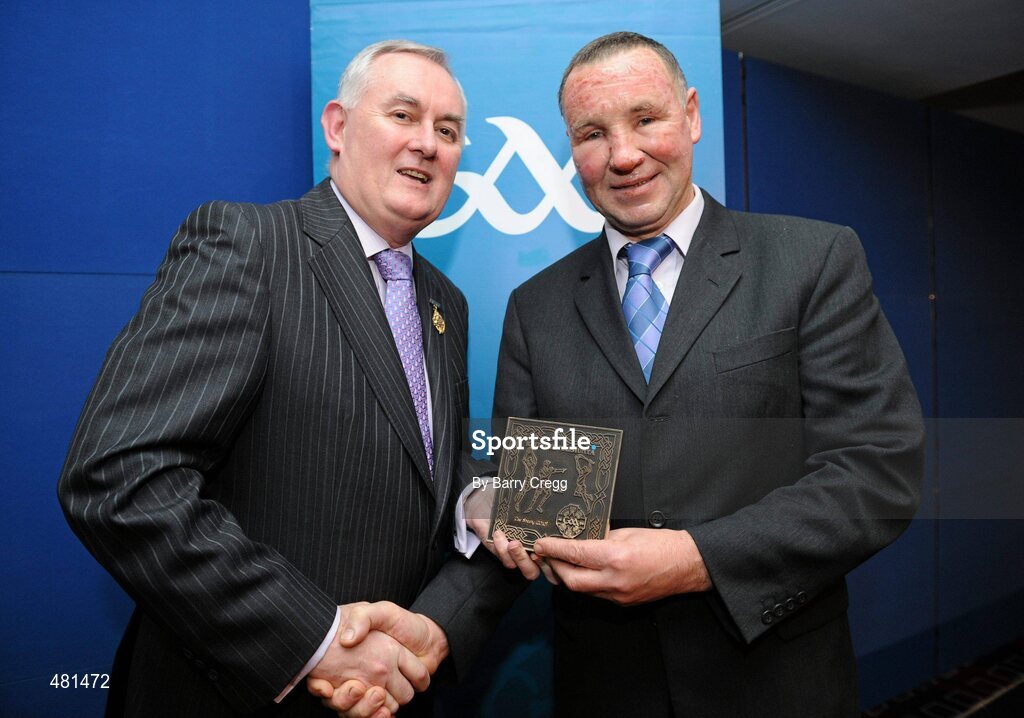 15 January 2011; Retiring referee Pat Sheehy, from Co. Kerry, is presented with his referee's award by Uachtarán CLG Criostóir Ó Cuana. 2010 National Referees' Awards Banquet, Croke Park, Dublin. Picture credit: Barry Cregg / SPORTSFILE