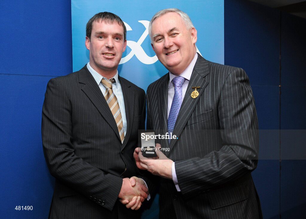 15 January 2011; Referee James Owens, from Co. Wexford, who refereed the Allianz GAA Hurling National League Division 1, is presented with his  referee's award by Uachtarán CLG Criostóir Ó Cuana. 2010 National Referees' Awards Banquet, Croke Park, Dublin. Picture credit: Barry Cregg / SPORTSFILE