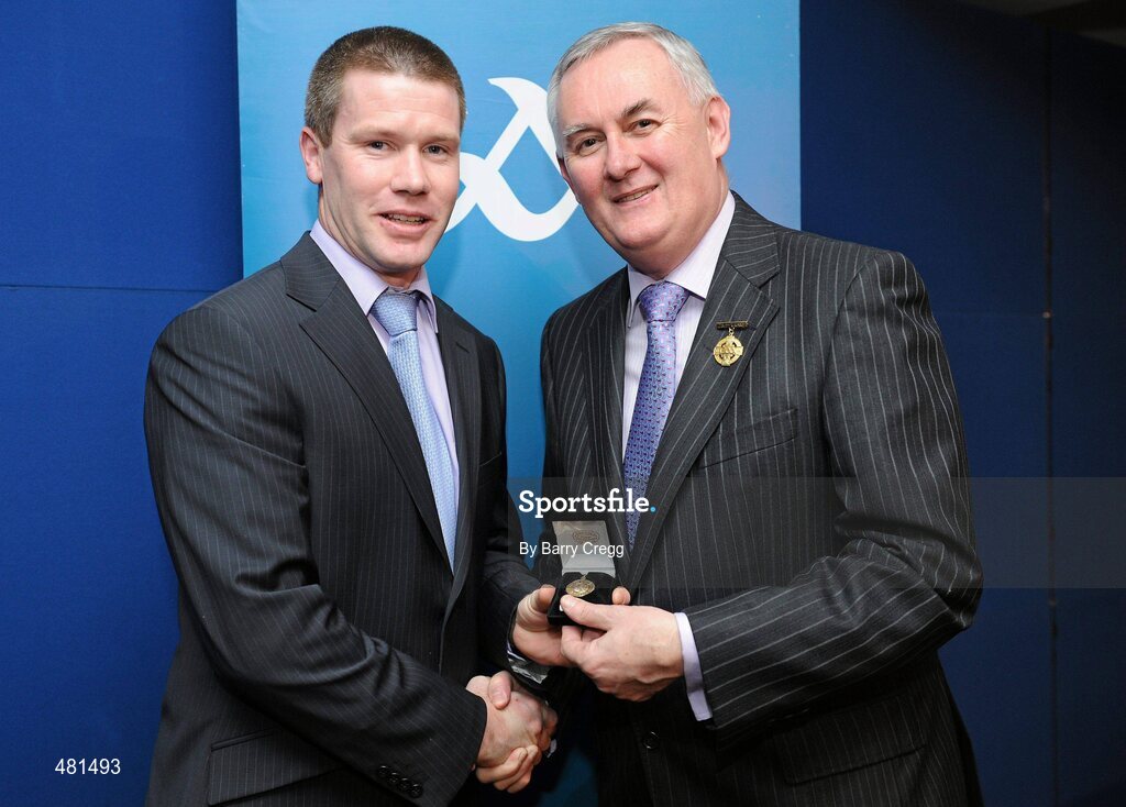 15 January 2011; Referee Padraig Hughes, from Co. Armagh, who refereed the Allianz GAA Hurling National League Division 1, is presented with his  referee's award by Uachtarán CLG Criostóir Ó Cuana. 2010 National Referees' Awards Banquet, Croke Park, Dublin. Picture credit: Barry Cregg / SPORTSFILE