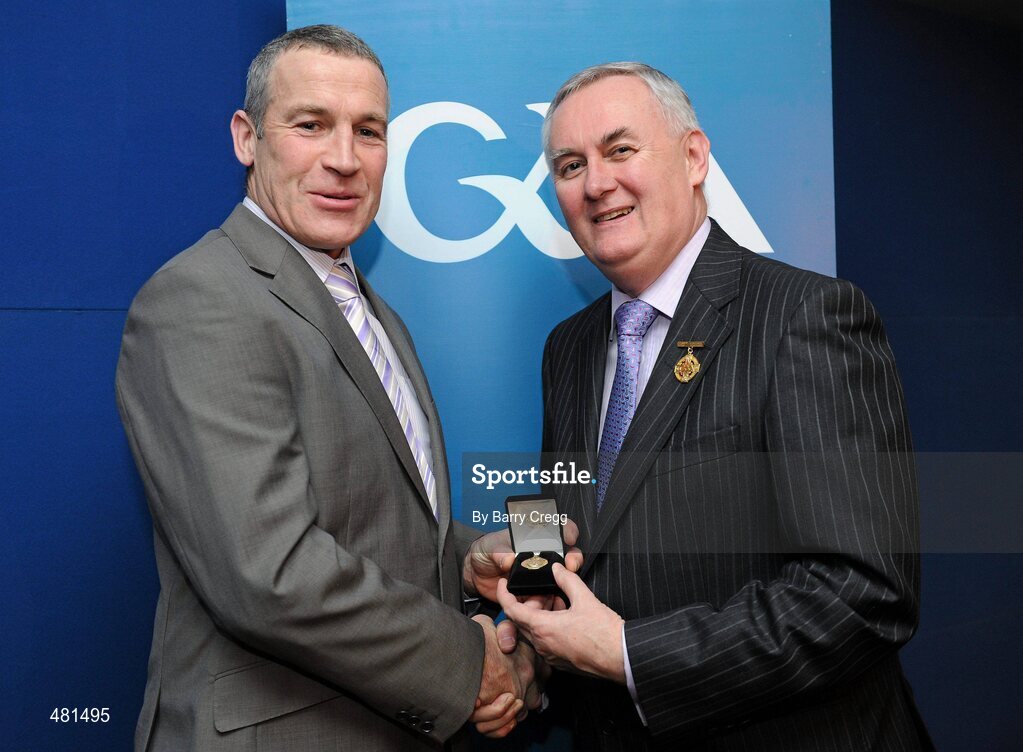 15 January 2011; Referee Dominic Connolly, from Co. Kilkenny, who refereed the Bord Gais Energy GAA Hurling All-Ireland U21 'B' Championship, is presented with his  referee's award by Uachtarán CLG Criostóir Ó Cuana. 2010 National Referees' Awards Banquet, Croke Park, Dublin. Picture credit: Barry Cregg / SPORTSFILE